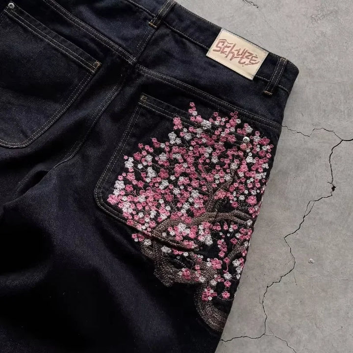 PLUM BLOSSOM EMBROIDERY DENIM